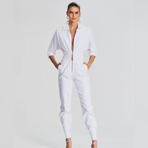 Retrofete 'Ellis' White Stretch Cotton Spread Collar Romper / Jumpsuit Size L